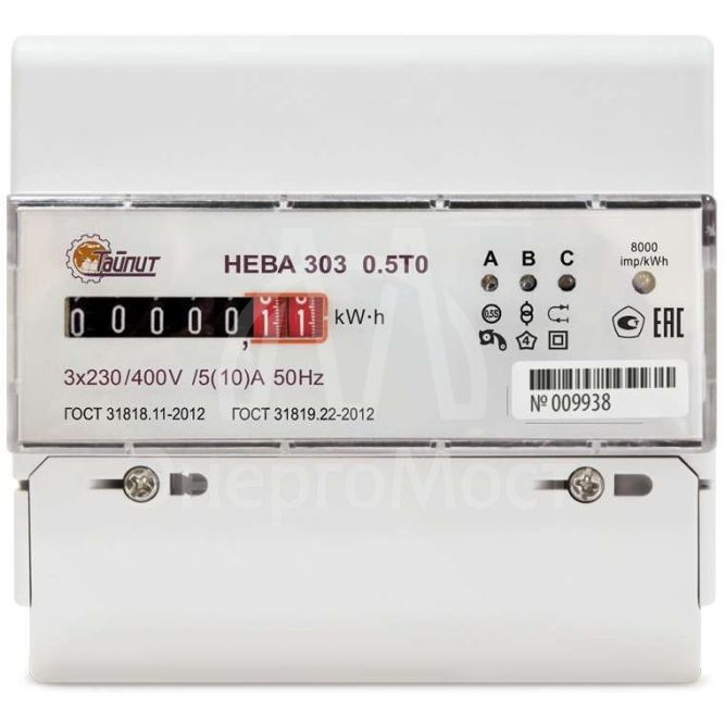 Счетчик НЕВА 303 0.5Т0 3ф 5-10А 3х230/400В 0.5s класс точн. 1 тариф. мех экран DIN-рейка Тайпит 6110446