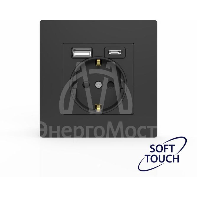 Розетка 1-м СП Pixel IP20 с заземл. с 2-мя заряд. устр. USB тип A+C механизм карбон TOKOV ELECTRIC TKE-PX-R1U2AC-C14