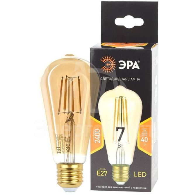 Лампа F-LED ST64-7W-824-E27 gold (филамент зол. 7Вт тепл. E27) (20/960) ЭРА Б0047664
