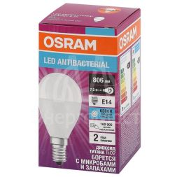 Лампа светодиодная LED Antibacterial P 7.5Вт (замена 75Вт) матовая 6500К холод. бел. E14 806лм угол пучка 180град. 220-240В бактерицид. покр. OSRAM 4058075561694