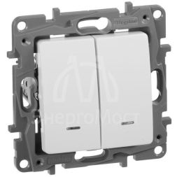 Механизм выключателя 2-кл. СП Etika 10А IP20 250В 10AX с подсветкой / индикацией безвинт. зажимы бел. Leg 672204