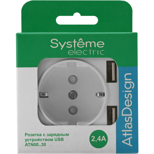 Розетка 3-м СП AtlasDesign 16А IP20 с 2-мя заряд. устройствами USB тип A+A 5В/2.4А 2х5В/1.2А механизм бел. SchE ATN000130