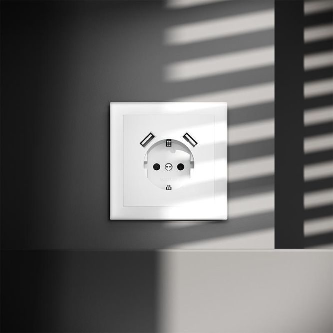 Розетка 1-м СП S70 16А с USB A+A с заземл. защ. шторки механизм бел. матов. Voltum VLS040402