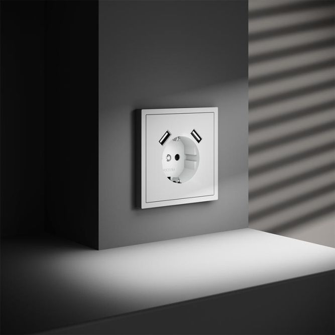 Розетка 1-м СП S70 16А с USB A+A с заземл. защ. шторки механизм бел. матов. Voltum VLS040402