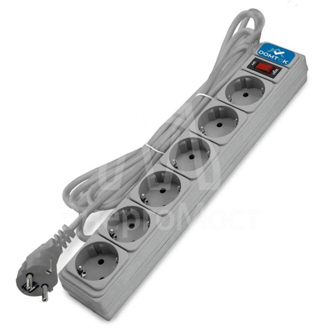 Удлинитель с сетевым фильтром 6х1.8м с заземл 10А IP20 2.2кВт ПВС 3х1 с выкл. сер. DOMTOK 2518