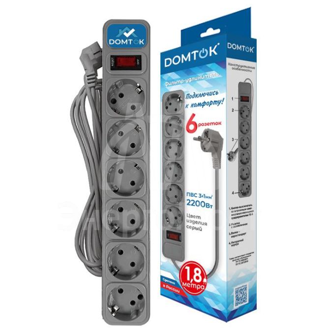 Удлинитель с сетевым фильтром 6х1.8м с заземл 10А IP20 2.2кВт ПВС 3х1 с выкл. сер. DOMTOK 2518