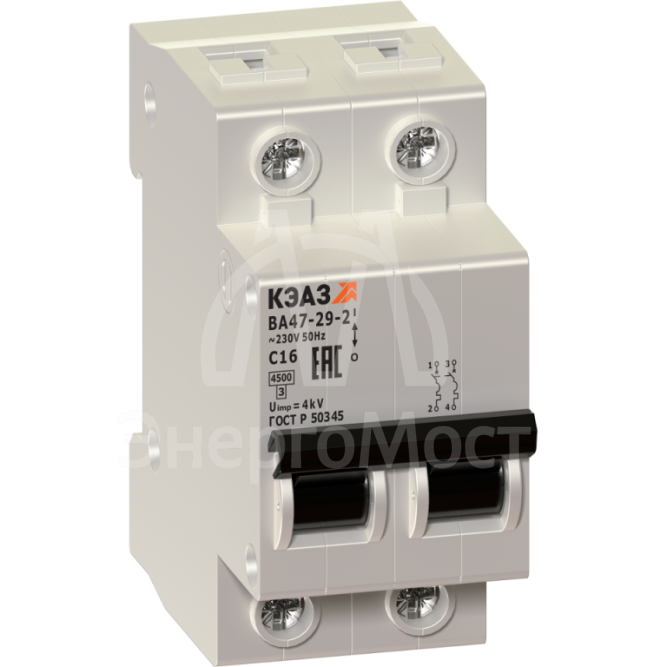 Выключатель автоматический модульный 2п C 6А 4.5кА ВА47-29-2C6-УХЛ3 КЭАЗ 231628