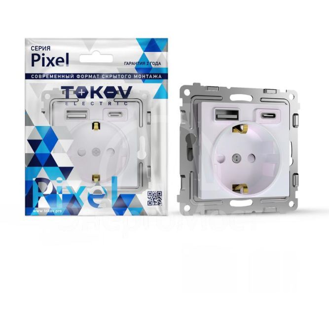 Розетка 1-м СП Pixel IP20 с заземл. с 2-мя заряд. устр. USB тип A+C механизм перламутр. TOKOV ELECTRIC TKE-PX-R1U2AC-C04