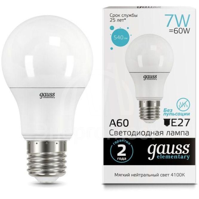 Лампа светодиодная Elementary A60 7Вт грушевидная 4100К бел. E27 540лм 180-240В Gauss 23227A