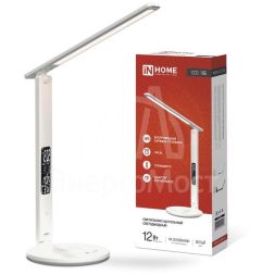 Светильник настольный светодиодный ССО 18Б 12Вт 3-6.5К 600лм сенсор-диммер часы темп. беспроводн. зарядка с адаптером бел. IN HOME 4690612041056