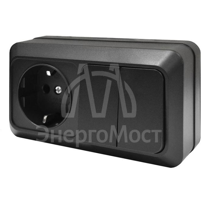 Блок ОП Олимп 2-кл. выкл. 10А + роз. с заземл. 16А 220В горизонт. черн. Universal 7946810