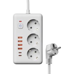 Удлинитель с сетевым фильтром 3х3м 10А 4USB + 2USBC 2500Вт ПВС 3х1 прямоуг. бел. КОСМОС FKsm3m-3gPF(W)USB