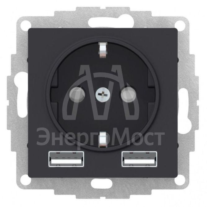 Розетка 3-м СП AtlasDesign 16А IP20 с 2-мя заряд. устройствами USB тип A+A 5В/2.4А 2х5В/1.2А механизм карбон SchE ATN001030