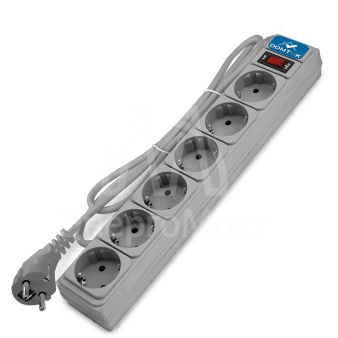 Удлинитель с сетевым фильтром 6х3м с заземл 10А IP20 2.2кВт ПВС 3х1 с выкл. сер. DOMTOK 2519