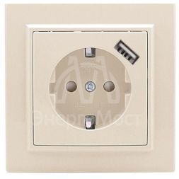 Розетка 1-м СП Минск 16А IP20 с заземл. защ. шторки с заряд. устройством USB 1А беж. EKF ERR16-028-200-USB