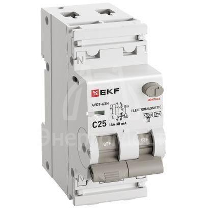 Выключатель автоматический дифференциального тока 2п (1P+N) C 25А 30мА тип A 6кА АВДТ-63N (электромех.) PROxima EKF D63N26MA25C30