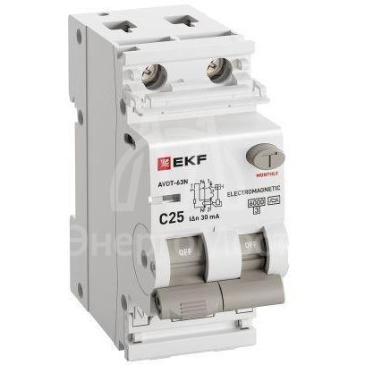 Выключатель автоматический дифференциального тока 2п (1P+N) C 25А 30мА тип A 6кА АВДТ-63N (электромех.) PROxima EKF D63N26MA25C30