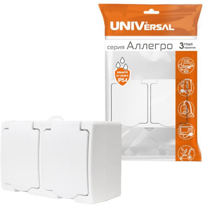 Блок ОП Аллегро роз. + роз. с заземл. защ. шторки с крыш. IP54 бел. UNIVersal 5562951