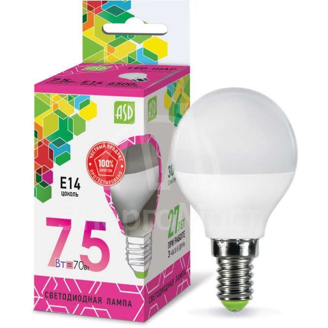 Лампа светодиодная LED-ШАР-standard 7.5Вт 230В E14 6500К 675Лм ASD 4690612019017