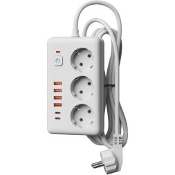 Удлинитель с сетевым фильтром 3х1.5м 10А 4USB + 2USBC 2500Вт ПВС 3х1 прямоуг. бел. КОСМОС FKsm1.5m-3gPF(W)USB