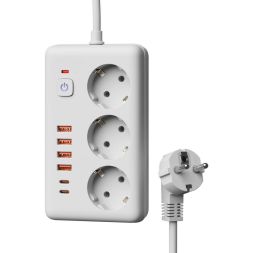 Удлинитель с сетевым фильтром 3х1.5м 10А 4USB + 2USBC 2500Вт ПВС 3х1 прямоуг. бел. КОСМОС FKsm1.5m-3gPF(W)USB