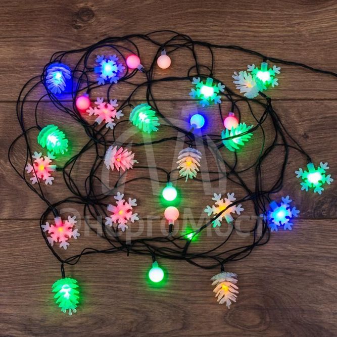 Гирлянда светодиодная универсальная с насадками (шарики снежинки елочки) 30LED мультиколор 4.4м с контроллером Neon-Night 303-064