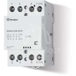Контактор модульный 4NO 63А AgSnO2 230В AC/DC 53.5мм IP20 опции: мех. индикатор FINDER 226402304310