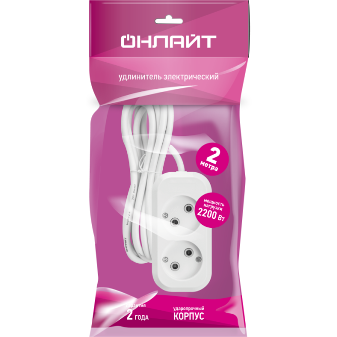 Удлинитель 2х2м без заземл. 10А IP20 90503 OPE-S-02-200-X-2х1 ОНЛАЙТ 90503 
