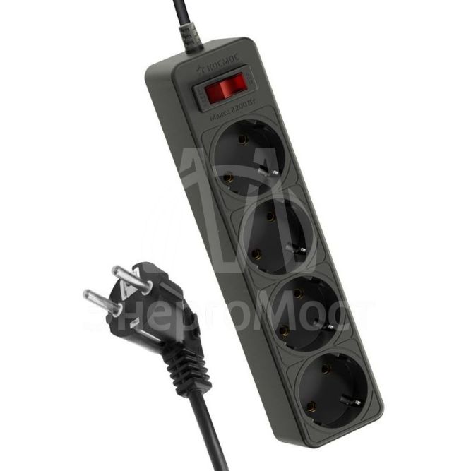 Удлинитель с сетевым фильтром 4х1.5м с заземл. 10А IP20 2.2кВт с предохранителем 3х0.75 индикатор сети черн. КОСМОС FKsm1.5m-4g(B)