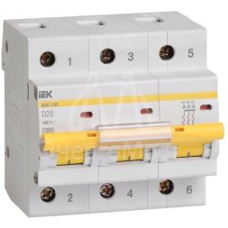 Выключатель автоматический модульный 3п D 20А 10кА ВА47-100 IEK MVA40-3-020-D