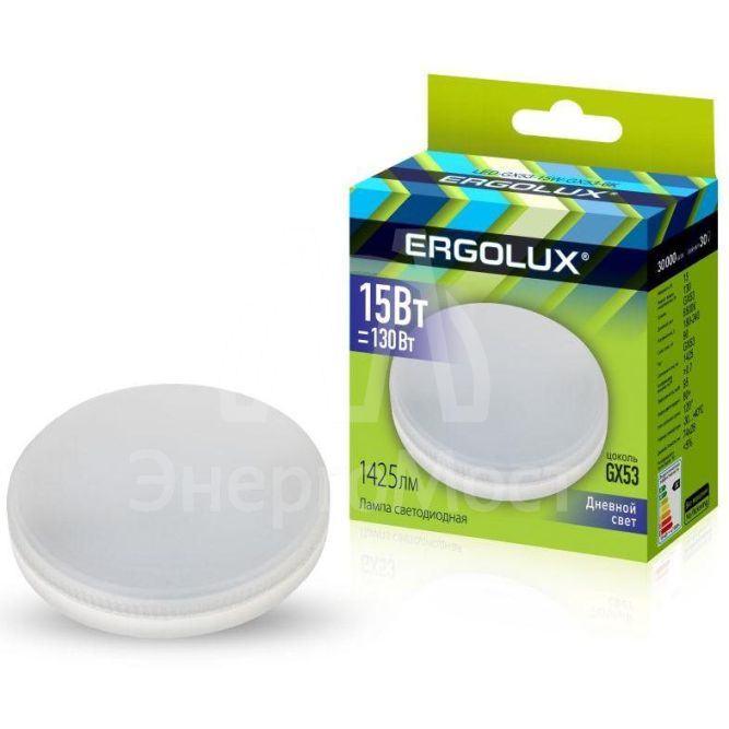 Лампа светодиодная LED-GX53-15W-GX53-6K 15Вт GX53 6500К 180-240В Ergolux 14240