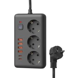Удлинитель с сетевым фильтром 3х5м 10А 4USB + 2USBC 2500Вт ПВС 3х1 прямоуг. черн. КОСМОС FKsmPR-5m-3g(B)USB