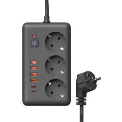 Удлинитель с сетевым фильтром 3х5м 10А 4USB + 2USBC 2500Вт ПВС 3х1 прямоуг. черн. КОСМОС FKsmPR-5m-3g(B)USB