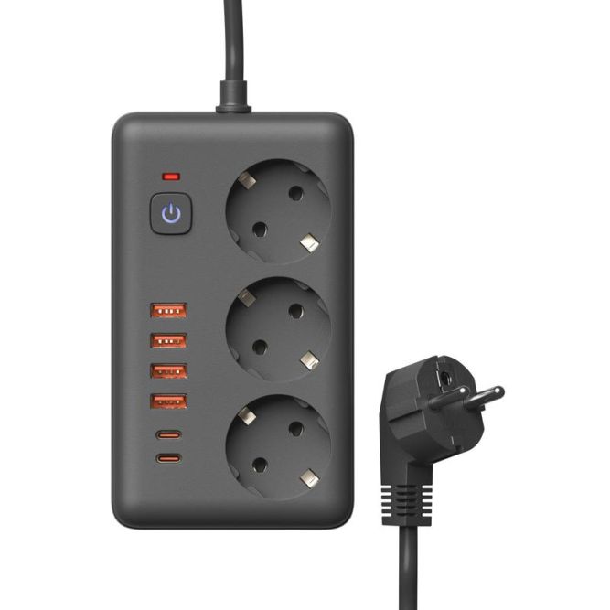 Удлинитель с сетевым фильтром 3х5м 10А 4USB + 2USBC 2500Вт ПВС 3х1 прямоуг. черн. КОСМОС FKsmPR-5m-3g(B)USB
