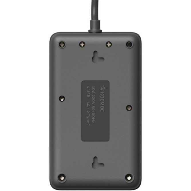 Удлинитель с сетевым фильтром 3х5м 10А 4USB + 2USBC 2500Вт ПВС 3х1 прямоуг. черн. КОСМОС FKsmPR-5m-3g(B)USB