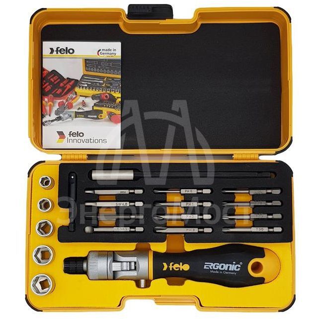 Набор бит SL/PH/Hex/Tx и головок с поворотной трещоткой Ergonic K (в кейсе 20шт) Felo 06072056