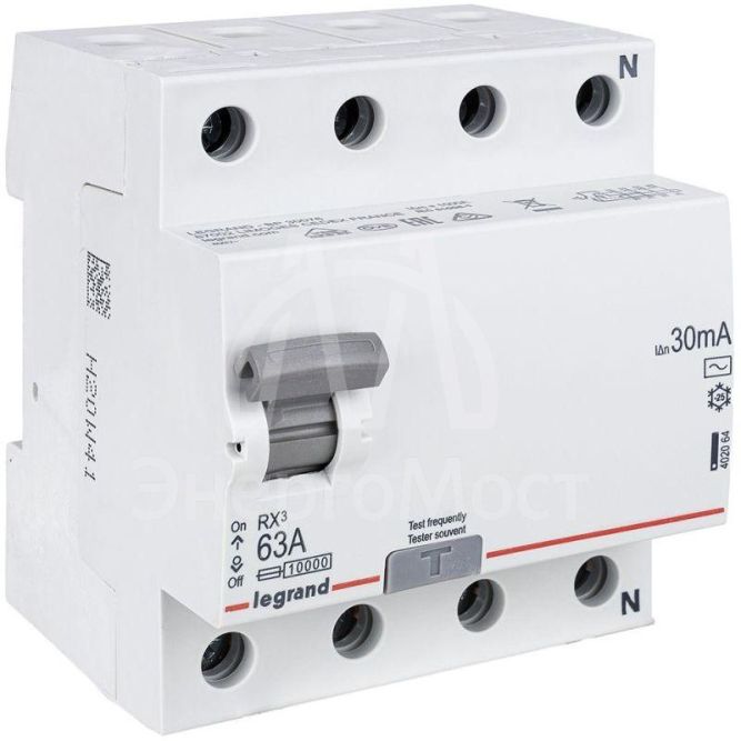Выключатель дифференциального тока (УЗО) 4п 63А 30мА тип AC RX3 Leg 402064