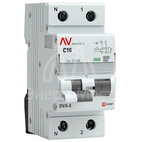 Выключатель автоматический дифференциального тока 2п C 16А 30мА тип A 6кА DVA-6 Averes EKF rcbo6-1pn-16C-30-a-av
