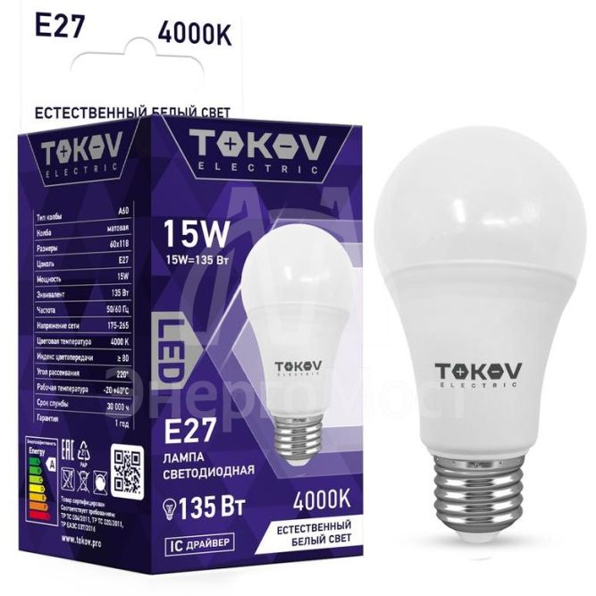 Лампа светодиодная 15Вт А60 4000К Е27 176-264В TOKOV ELECTRIC TKE-A60-E27-15-4K