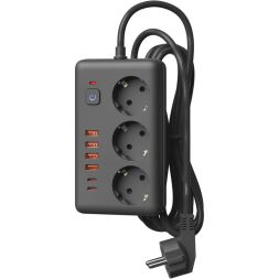 Удлинитель с сетевым фильтром 3х3м 10А 4USB + 2USBC 2500Вт ПВС 3х1 прямоуг. черн. КОСМОС FKsm3m-3gPF(B)USB