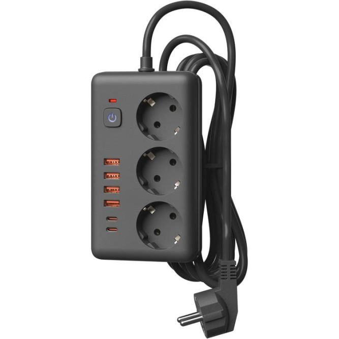 Удлинитель с сетевым фильтром 3х3м 10А 4USB + 2USBC 2500Вт ПВС 3х1 прямоуг. черн. КОСМОС FKsm3m-3gPF(B)USB