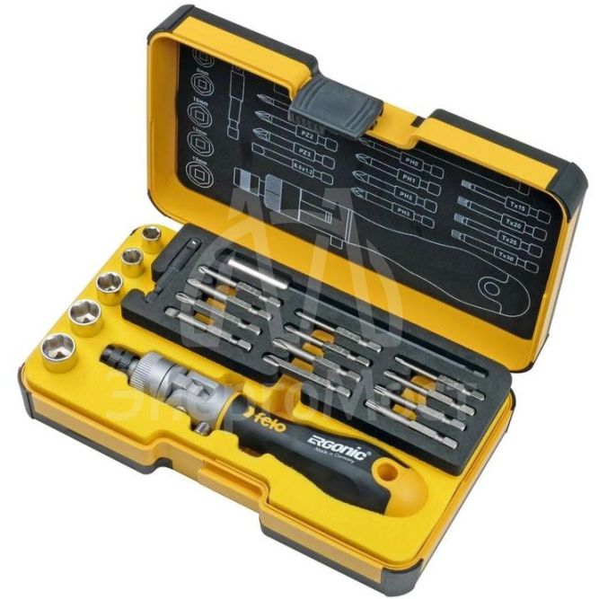 Набор бит SL/PH/PZ/Tx и головок с поворотной трещоткой Ergonic K (в кейсе 20шт) Felo 06072006