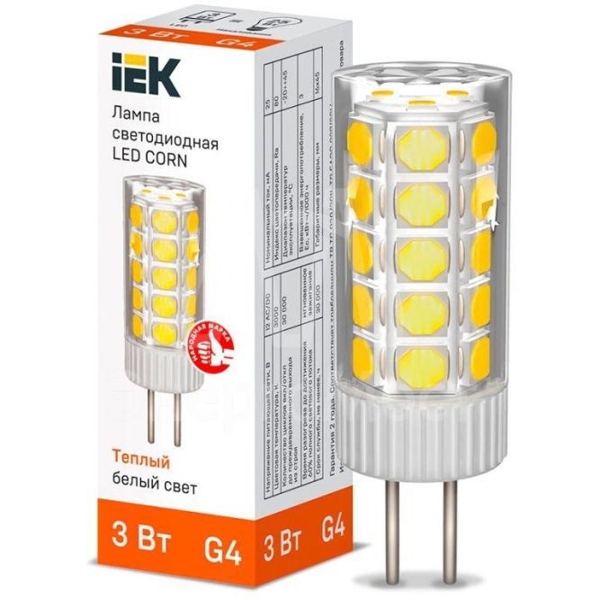 Лампа светодиодная CORN 3Вт капсула 3000К G4 12В керамика IEK LLE-CORN-3-012-30-G4
