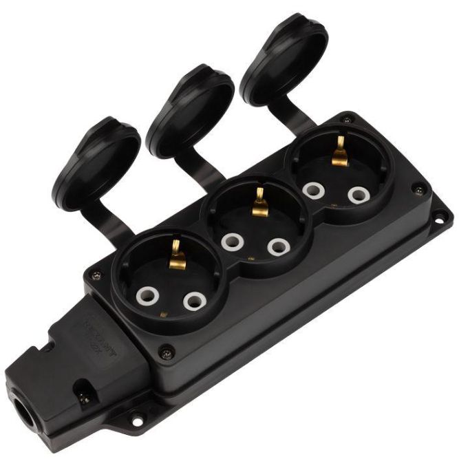 Колодка удлинителя 3-м с заземл. 16А IP54 влагозащ. с защ. крышкой COMPACT каучук черн. Rexant 111-223