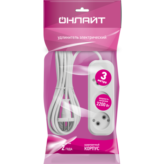 Удлинитель 3х3м без заземл. 10А IP20 90508 OPE-S-03-300-X-2х1 ОНЛАЙТ 90508