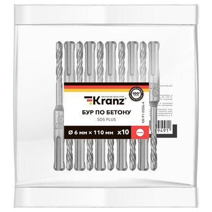 Бур по бетону 6x110мм SDS PLUS (уп.10шт) Kranz KR-91-0006-4