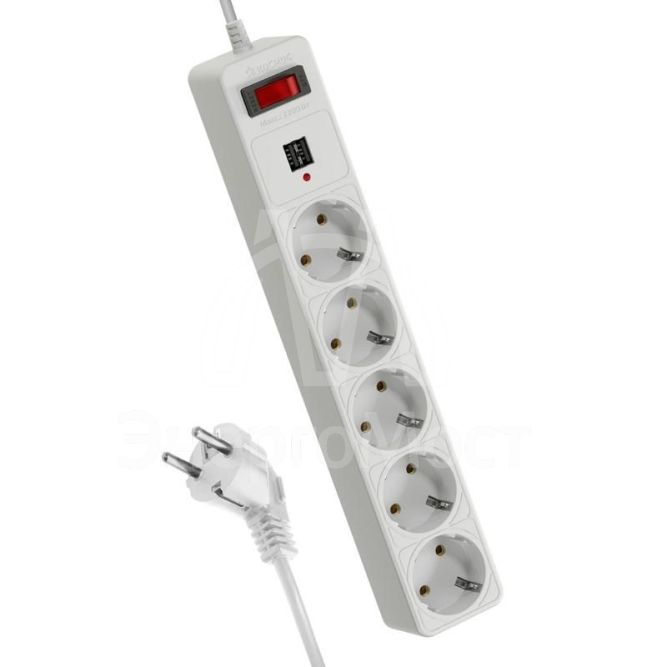 Удлинитель с сетевым фильтром 5х1.8м с заземл. 10А IP20 2.2кВт с предохранителем 3х0.75 2 USB разъема 2.1А 5В индикатор сети бел. КОСМОС FKsm1.8m-5g(W)USB