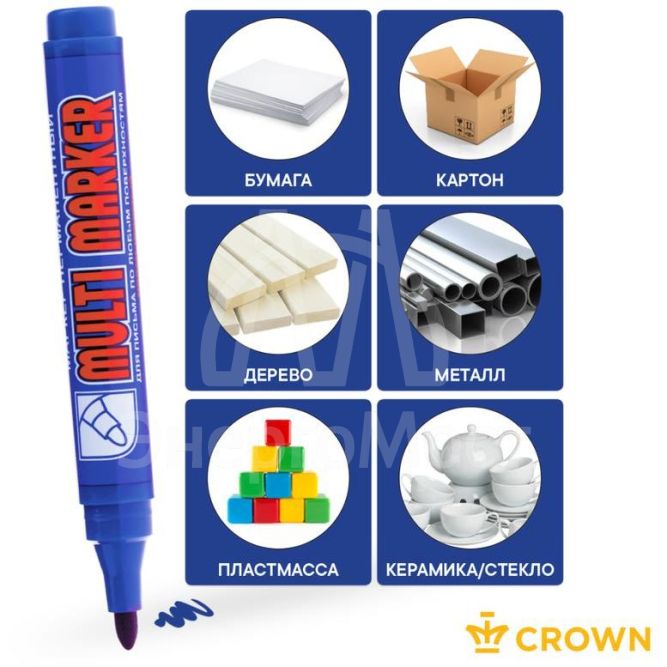 Маркер перманентный &amp;quot;Multi Marker&amp;quot; пулевидный 3мм син. Crown Б0048240
