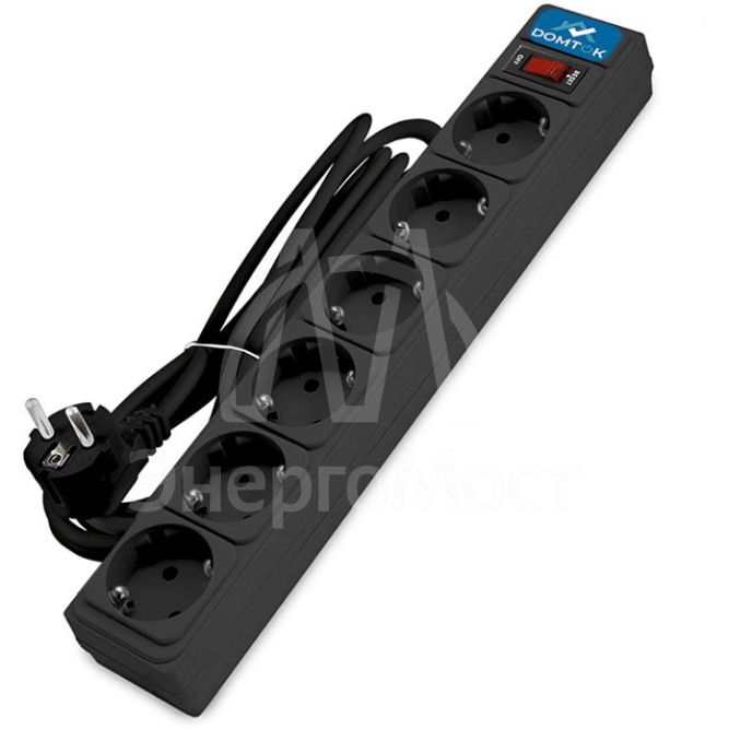 Удлинитель с сетевым фильтром 6х3м с заземл 10А IP20 2.2кВт ПВС 3х1 с выкл. черн. DOMTOK 2522