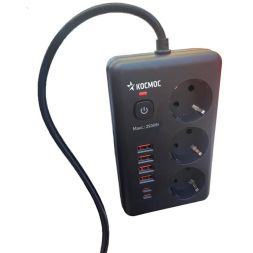Удлинитель с сетевым фильтром 3х1.5м 10А 4USB + 2USBC 2500Вт ПВС 3х1 прямоуг. черн. КОСМОС FKsm1.5m-3gPF(B)USB